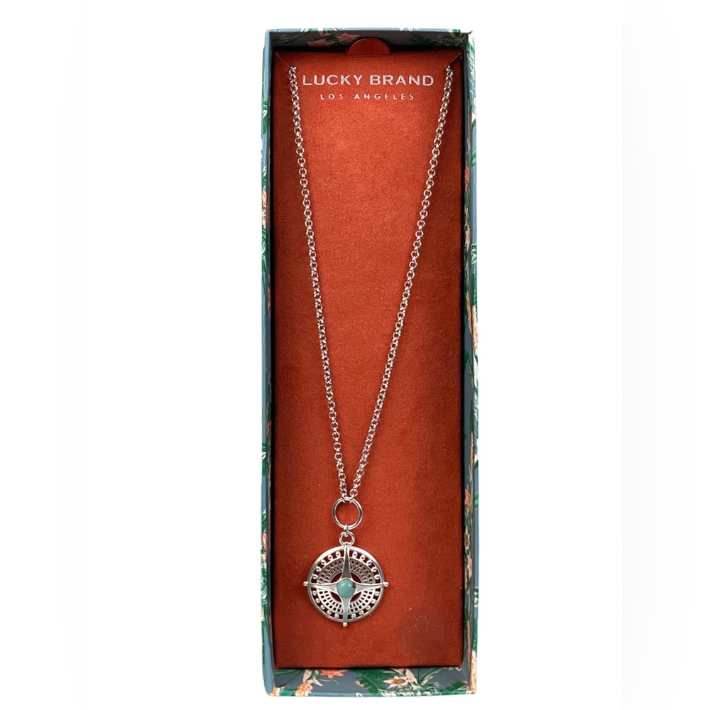 Lucky Brand Compass Pendant Silvertone Natural Stone bohemian blue green